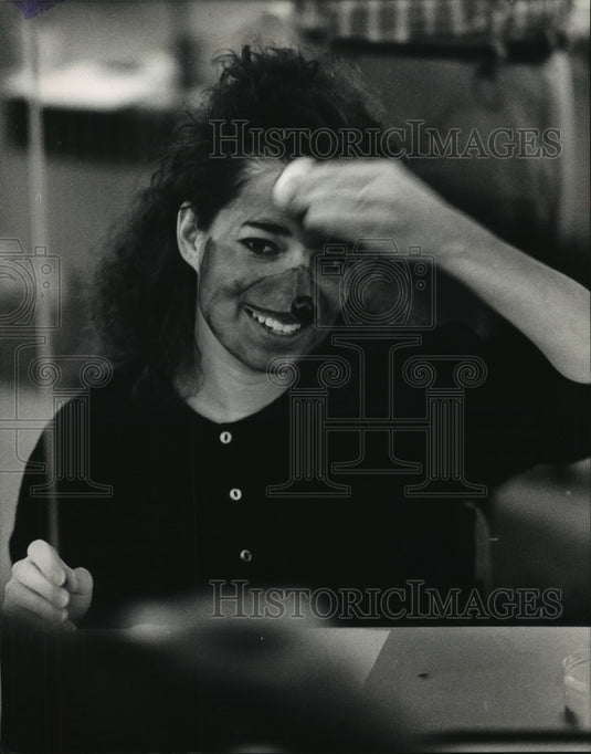 1988, Jane Hadley removes makeup after rehearsal for Winnie-the-Pooh. - Historic Images