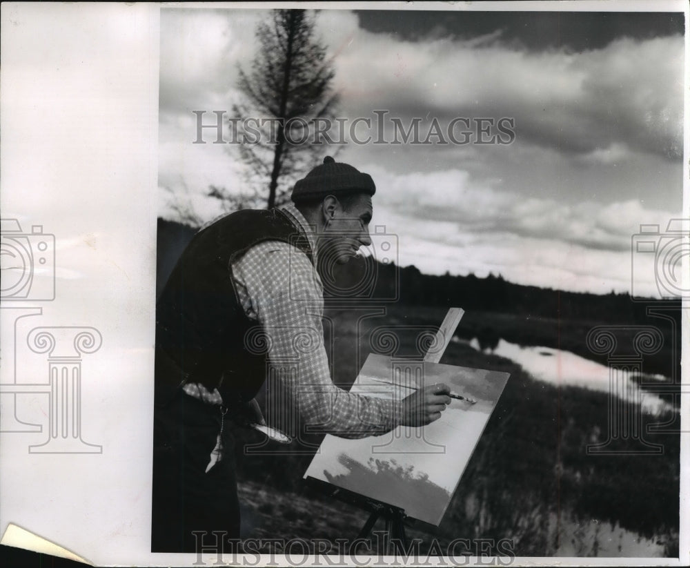 1959, Milwaukee artist Robert Frankowiak painting Pine River - Historic Images
