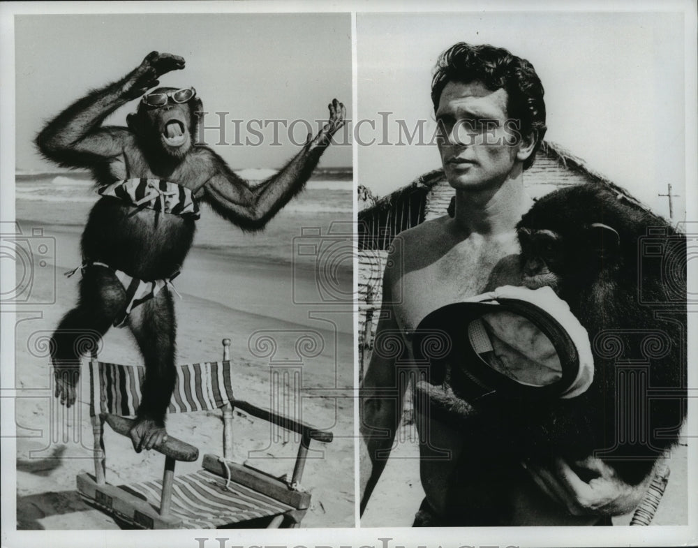 1968 Press Photo Ron Ely &amp; Chimpanzee &quot;Cheetah&quot; star in Tarzan, filmed in Mexico-Historic Images