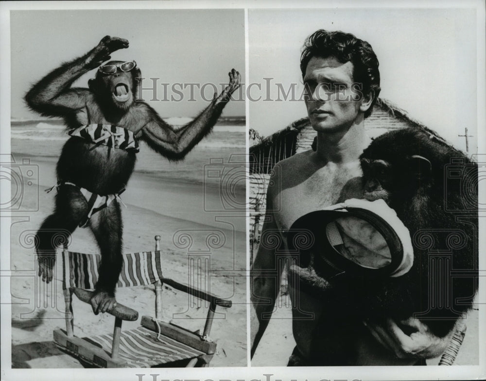 1968 Press Photo Ron Ely & Chimpanzee "Cheetah" star in Tarzan, filmed in Mexico-Historic Images