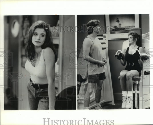 1992, Farrah Forke joins cast of Wings & Stephen Weber for a workout - Historic Images