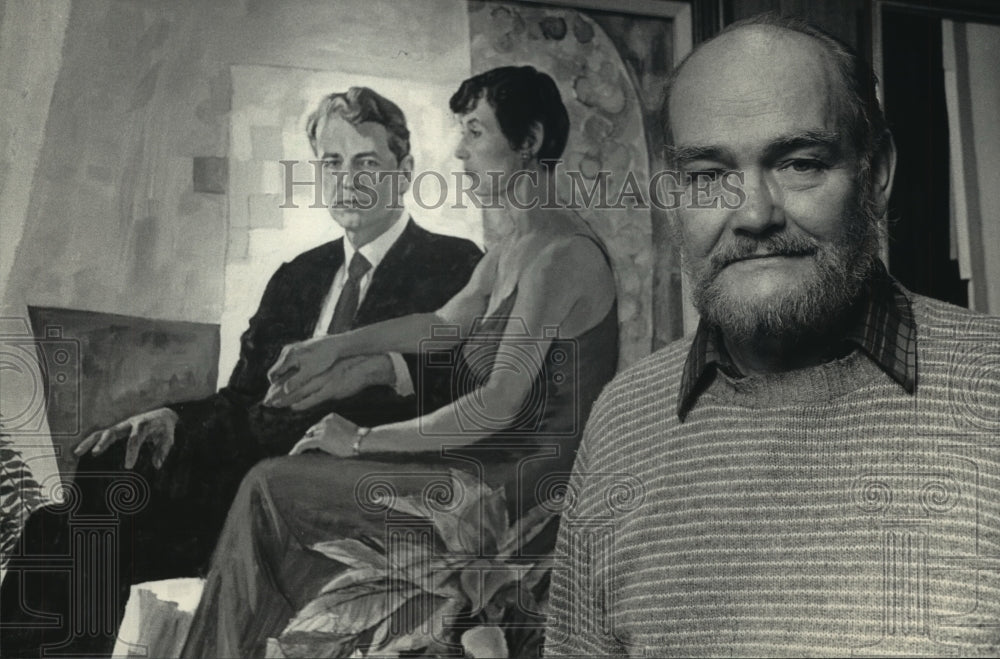 1987 Press Photo artist Alan Lane Gass & painting, Charles Allis Art Museum, WI - Historic Images