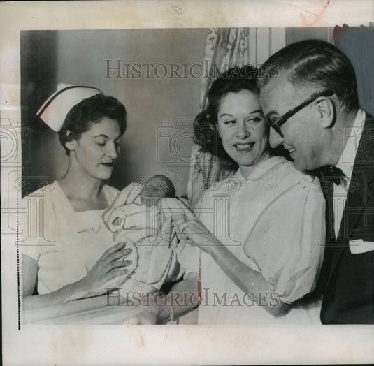 1958, Television star Dave Garroway & wife Pamela Wilde with new son - Historic Images