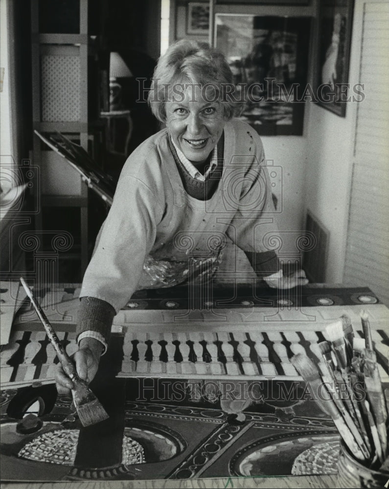 1984, Shirley Schanen Gruen works in studio in Port Washington. - Historic Images
