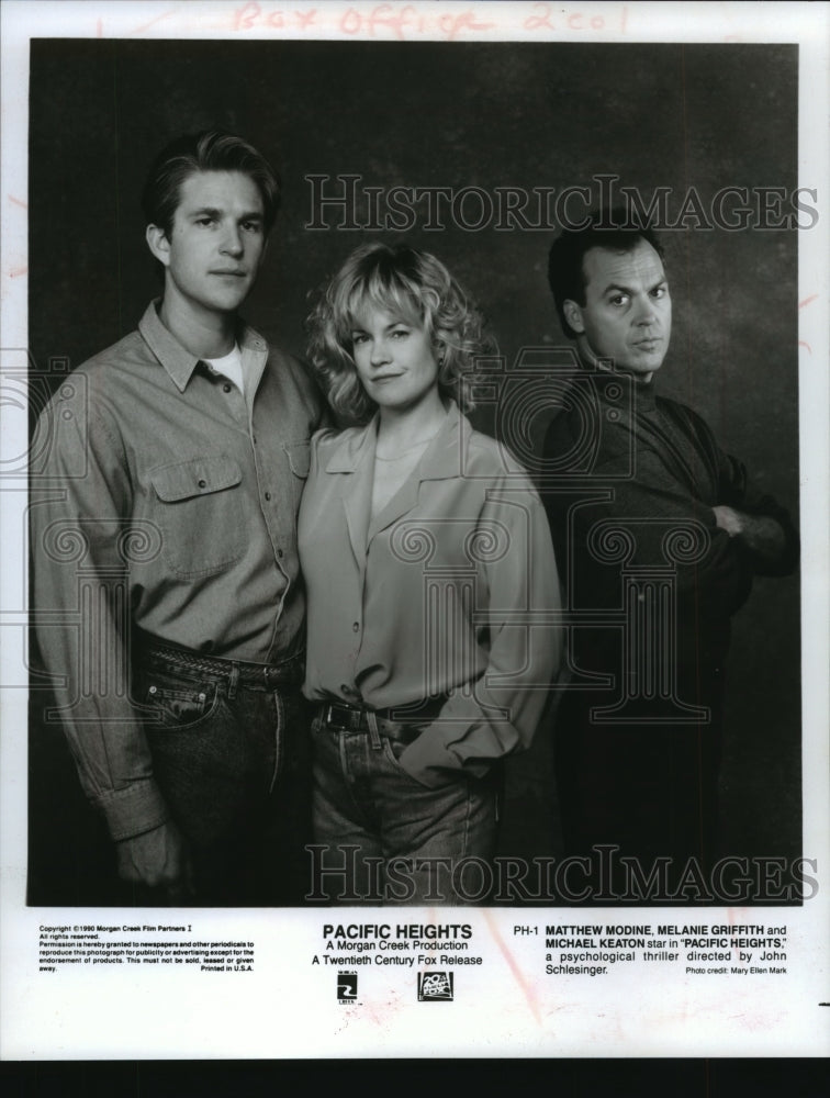 1990, Actors Matthew Modine, Melanie Griffith and Michael Keaton, - Historic Images