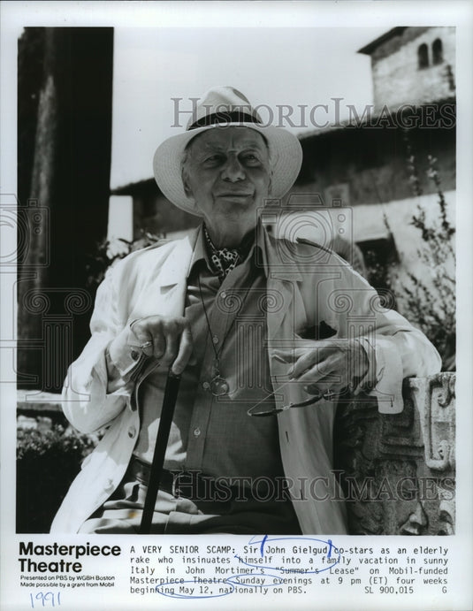 1991, Sir John Gielgud co-stars in Summer's Lease, on PBS. - Historic Images