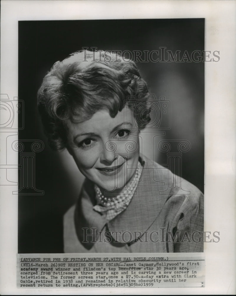 1959, Oscar winner, Janet Gaynor emerges from retirement. - mjp16678 - Historic Images