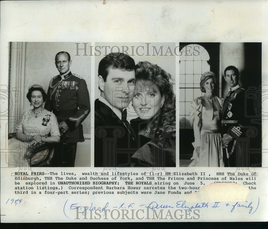 1989 Press Photo Queen Elizabeth II, Duke of Edinburgh & Prince Charles. - Historic Images
