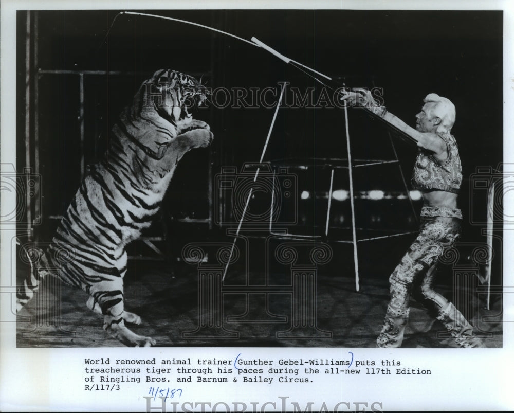 1987 Press Photo Gunther Gebel-Williams works with his tiger during act. - Historic Images