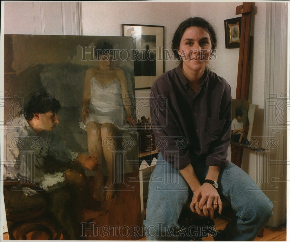 1994 Press Photo Painter Ann Gale With Painting In Her Studio Apartment - Historic Images