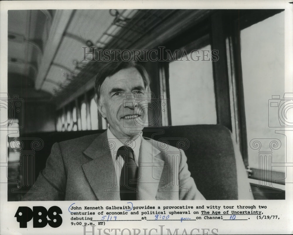 1977 Press Photo John Kenneth Galbraith stars in PBS's The Age of Uncertainty - Historic Images