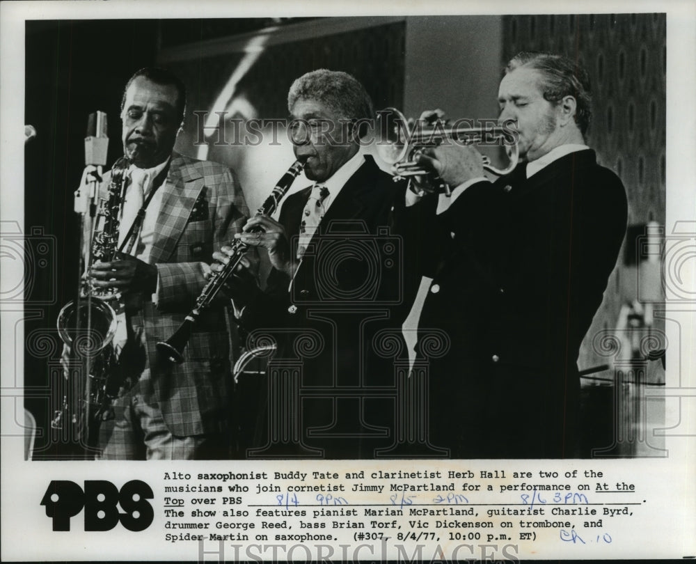 1977, At The Top performers Buddy Tate, Herb Hall and Jim McPartland - Historic Images