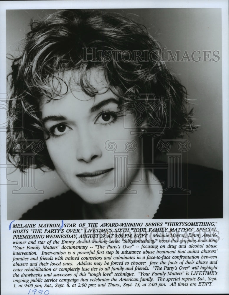 1990 Press Photo Melanie Mayron hosts The Party's Over on Lifetime. - mjp17824 - Historic Images