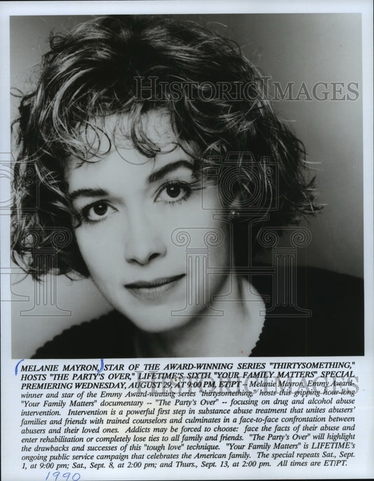 1990 Press Photo Melanie Mayron hosts The Party's Over on Lifetime. - mjp17824 - Historic Images