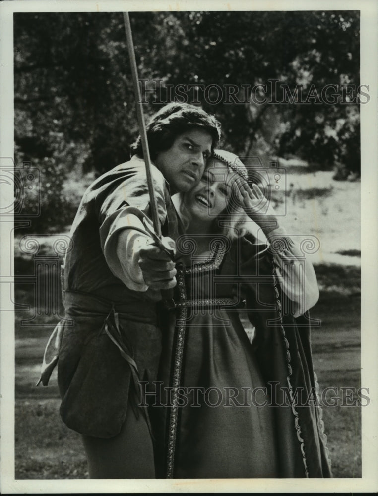 1975, Dick Gautier, Misty Rowe in scene from When Things Were Rotten - Historic Images