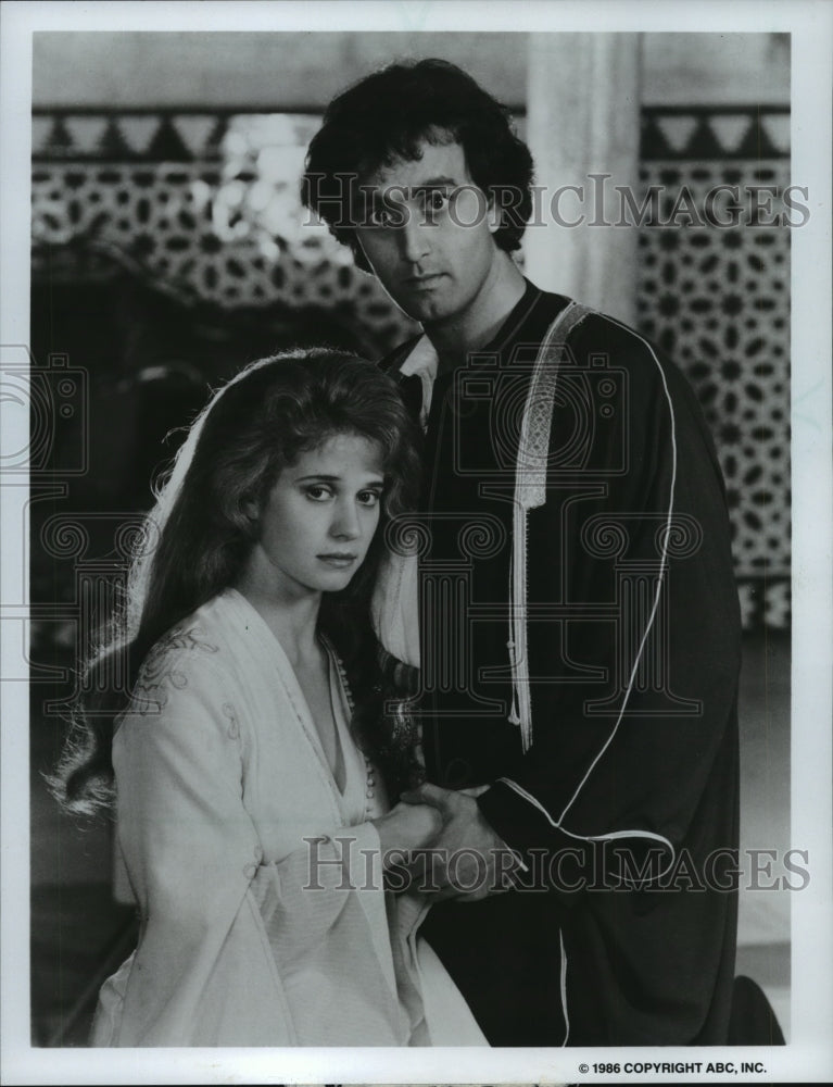 1986, Nancy Travis, Art Malik, in scene from television movie Harem - Historic Images