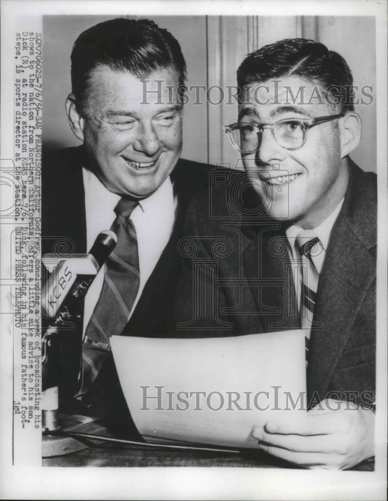 1956 Arthur Godfrey offers a little mike advice to his son Dick - Historic Images