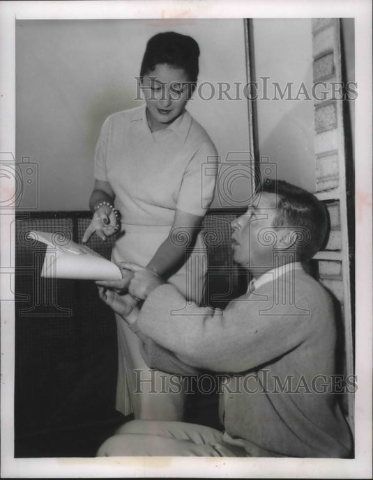 1957, Comedian George Gobel & wife Alice Gobel reading a script - Historic Images