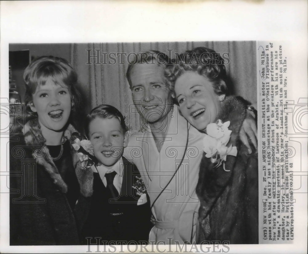 1961 British actor John Mills with family after debut on Broadway. - Historic Images
