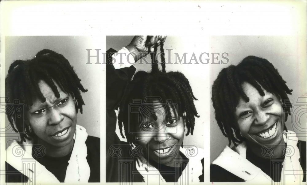 1985 Press Photo Whoopi Goldberg Displays Many Faces Before Going On Stage- Historic Images