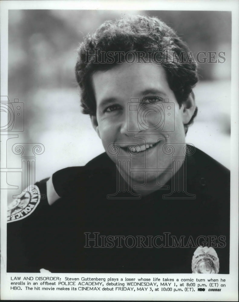 1985 Press Photo Steve Guttenberg in &quot;Police Academy&quot; - mjp20040-Historic Images