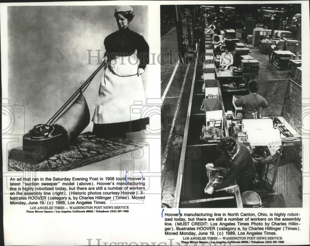 1989 Press Photo Woman With Hoover Model And Hoover Workers On Assembly Line - Historic Images