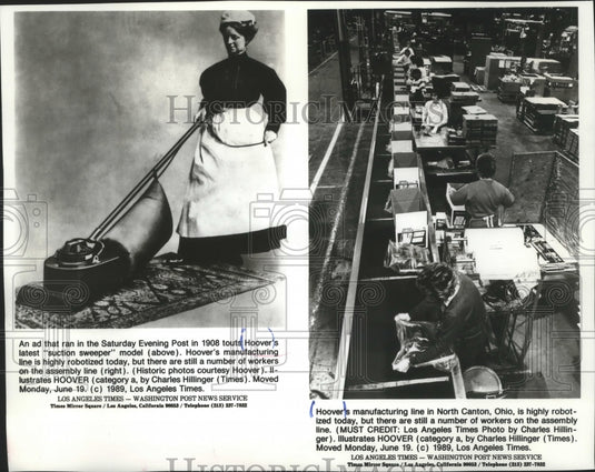 1989 Press Photo Woman With Hoover Model And Hoover Workers On Assembly Line - Historic Images