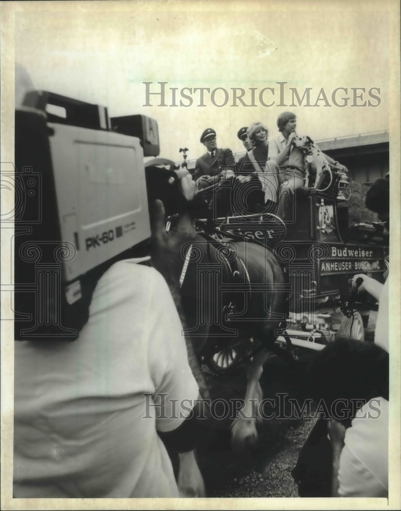 1982, Film crew films Sarah Purcell on Budweiser Clydesdales wagon - Historic Images
