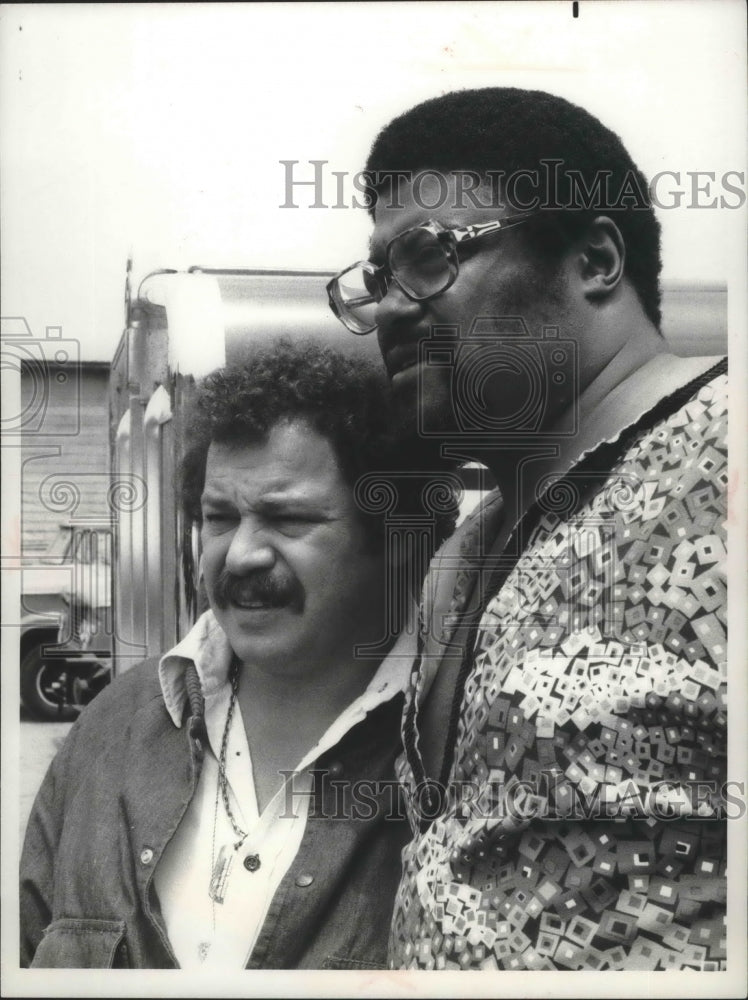 1975, Rosey Grier and Art Merano in scene from &quot;Movin&#39; On&quot; - Historic Images