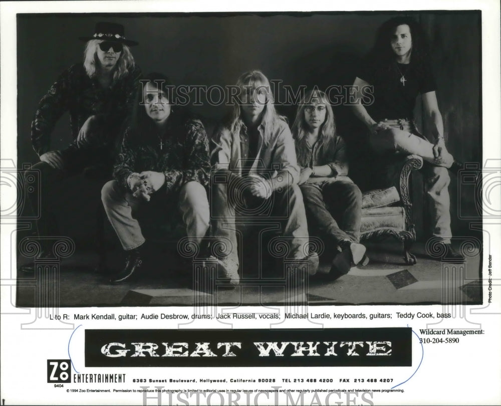 1994 Press Photo Mark Kendall, Audie Desbrow &amp; Jack Russell of Great White. - Historic Images