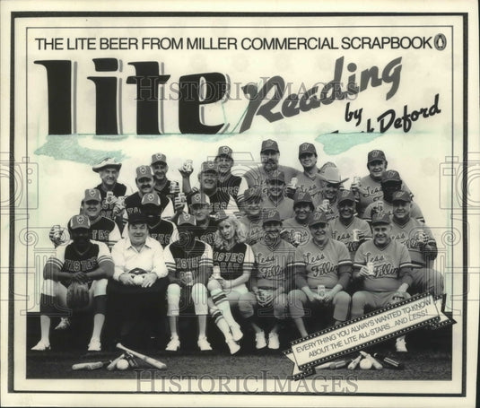 1986 Press Photo Miller Lite Reunion Baseball Commercial Scrapbook Cast Members-Historic Images