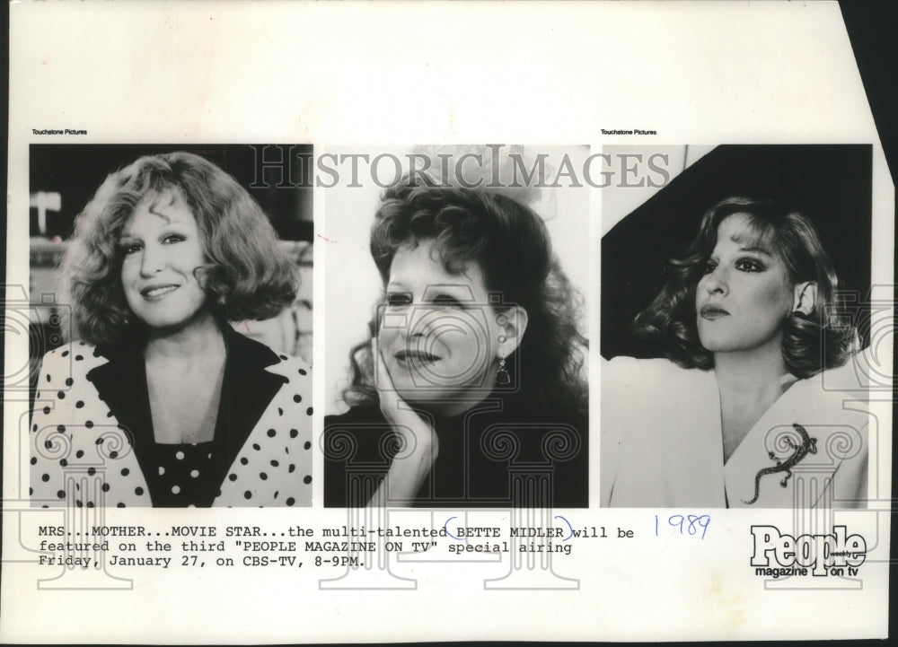 1989 Press Photo Actress Bette Midler for &quot;People Magazine on TV&quot; CBS Special - Historic Images