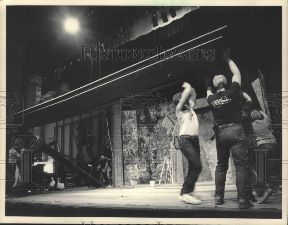 1984, Crew members work on the set for the play, Miss Lulu Bett. - Historic Images