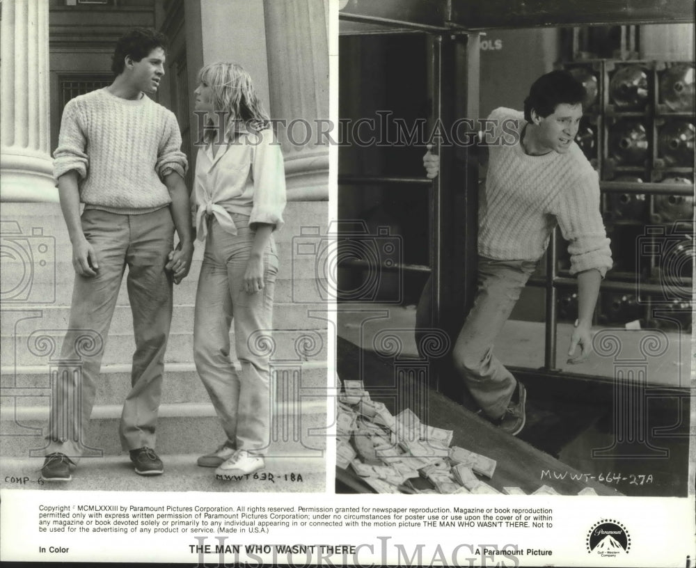 1980 Press Photo Steve Guttenberg &amp; Lisa Langlois in &quot;The Man Who Wasn&#39;t There&quot;-Historic Images