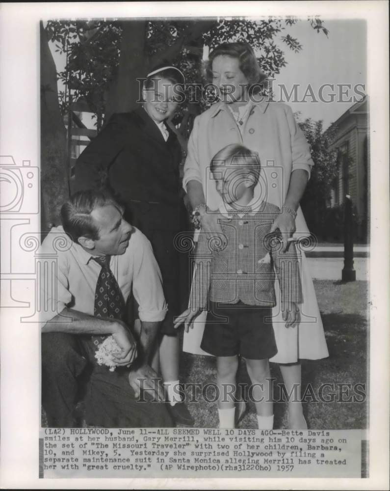 1957, Actor Gary Merrill &amp; family on &quot;The Missouri Traveler&quot; set, CA - Historic Images