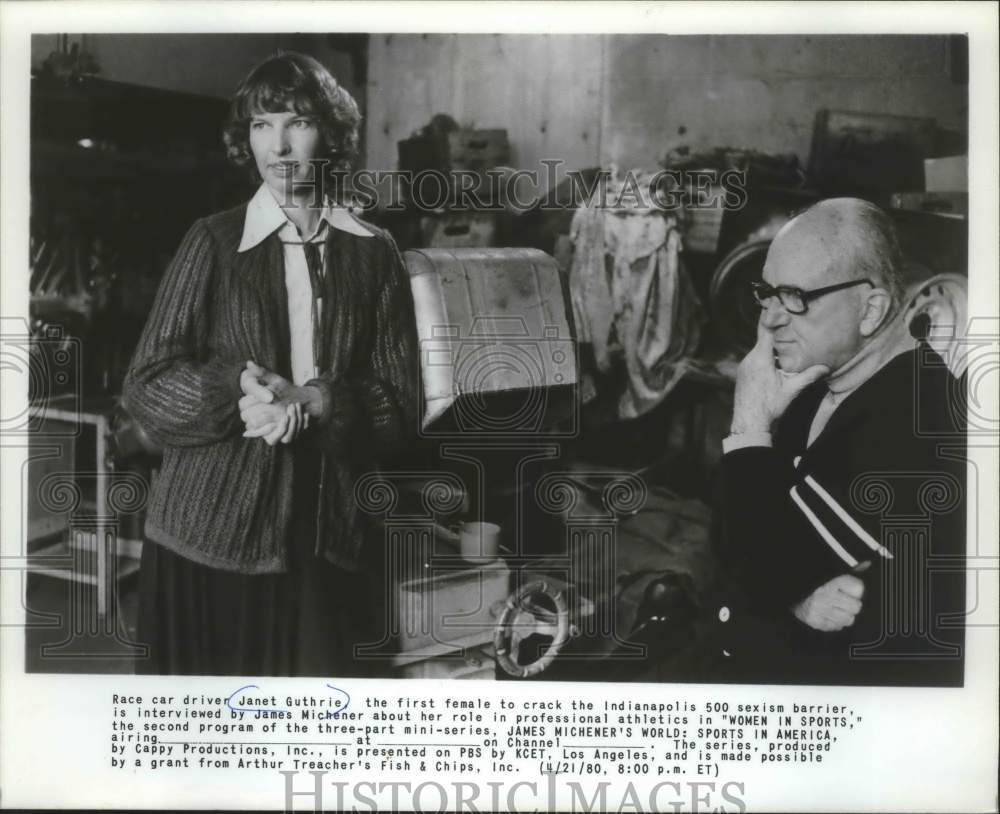 1980 Press Photo James Michener Interviews Janet Guthrie For "Women In Sports" - Historic Images