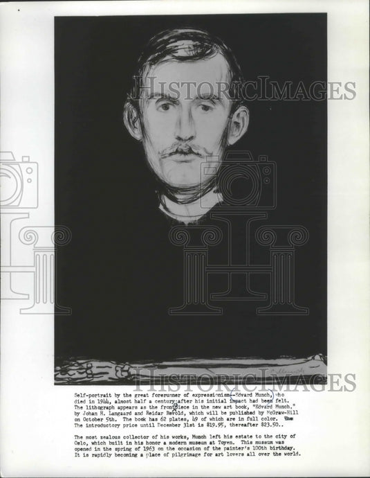 1964, Self-portrait (lithograph) of great artist Edvard Munch. - Historic Images