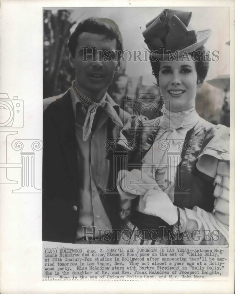 1968, Marianne McAndrew, Stewart Moss on set of "Hello Dolly" to wed - Historic Images