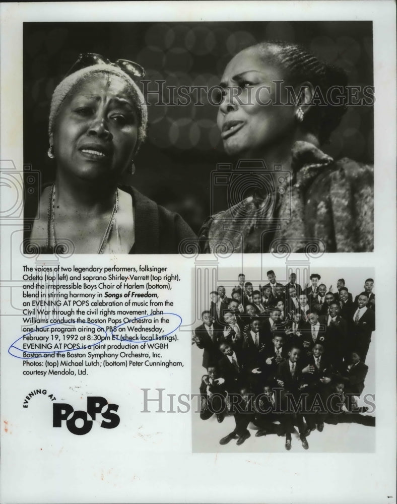 1992 Press Photo Odetta, Shirely Verrett &amp; Boys Choir of Harlem with Boston Pops - Historic Images