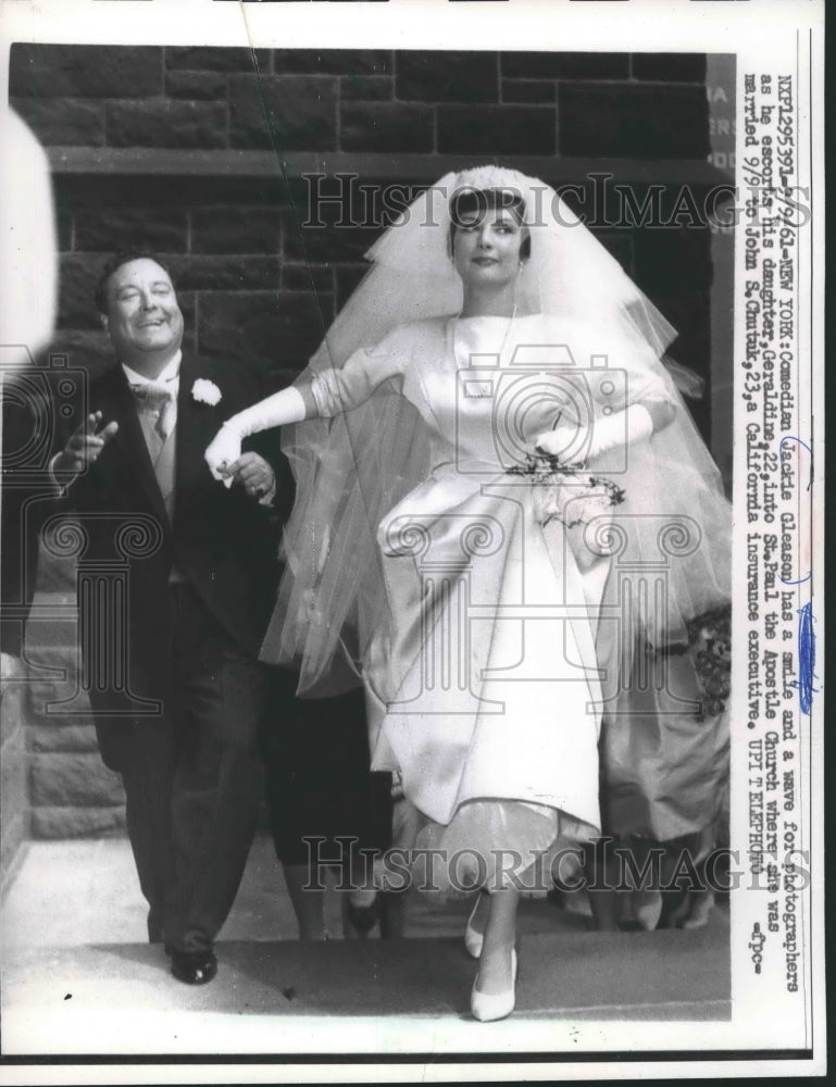 1961, Jackie Gleason escorts daughter Geraldine on her wedding day - Historic Images