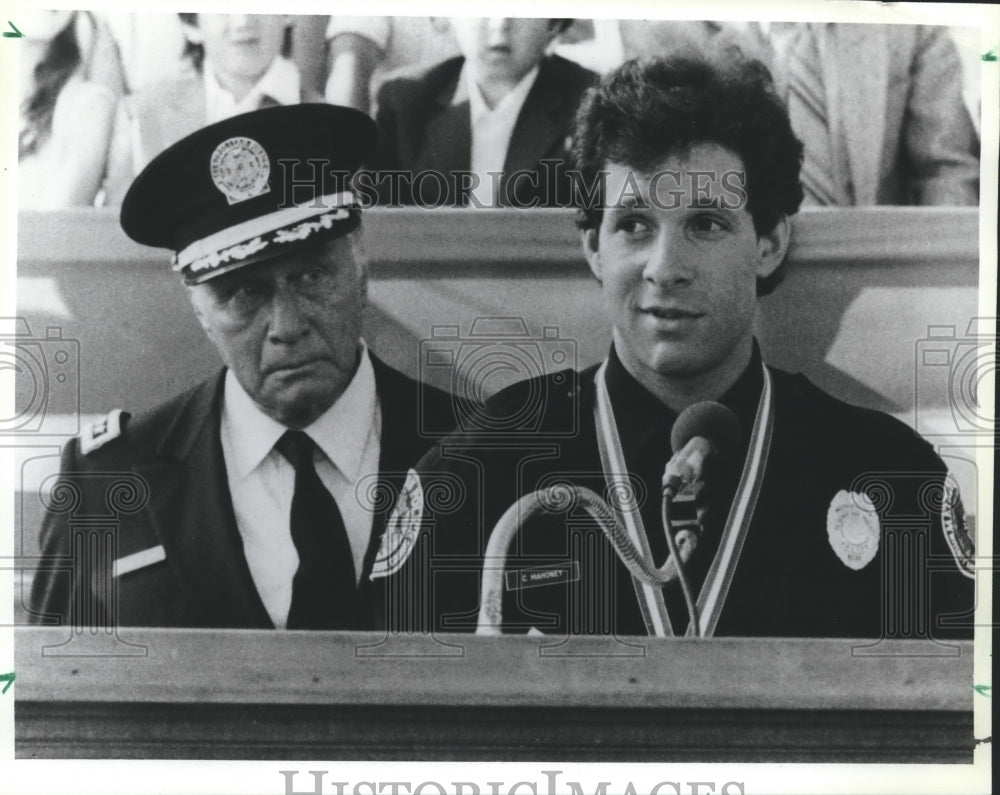 1987 Press Photo Steve Guttenberg and George Gaynes in Police Academy, on ABC. - Historic Images
