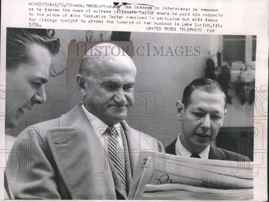 1958 Samuel Goldwyn is interviewed outside home of Elizabeth Taylor-Historic Images