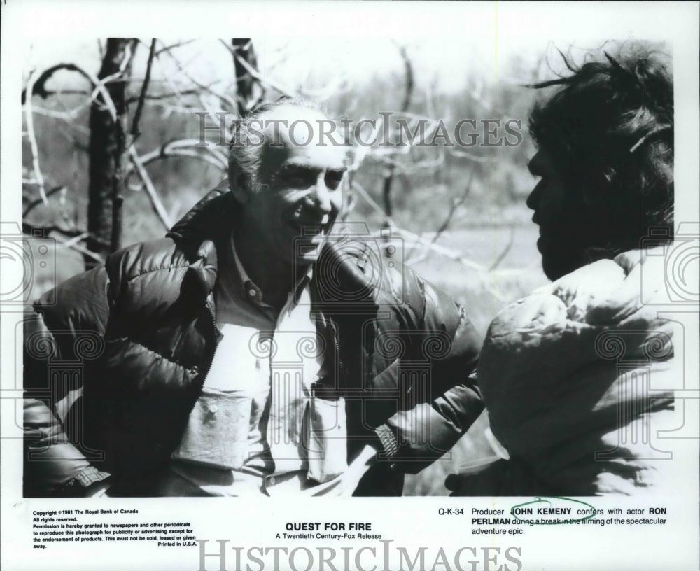 1981, Actor Ron Perlman with John Kemeny on set of &quot;Quest For Fire&quot; - Historic Images