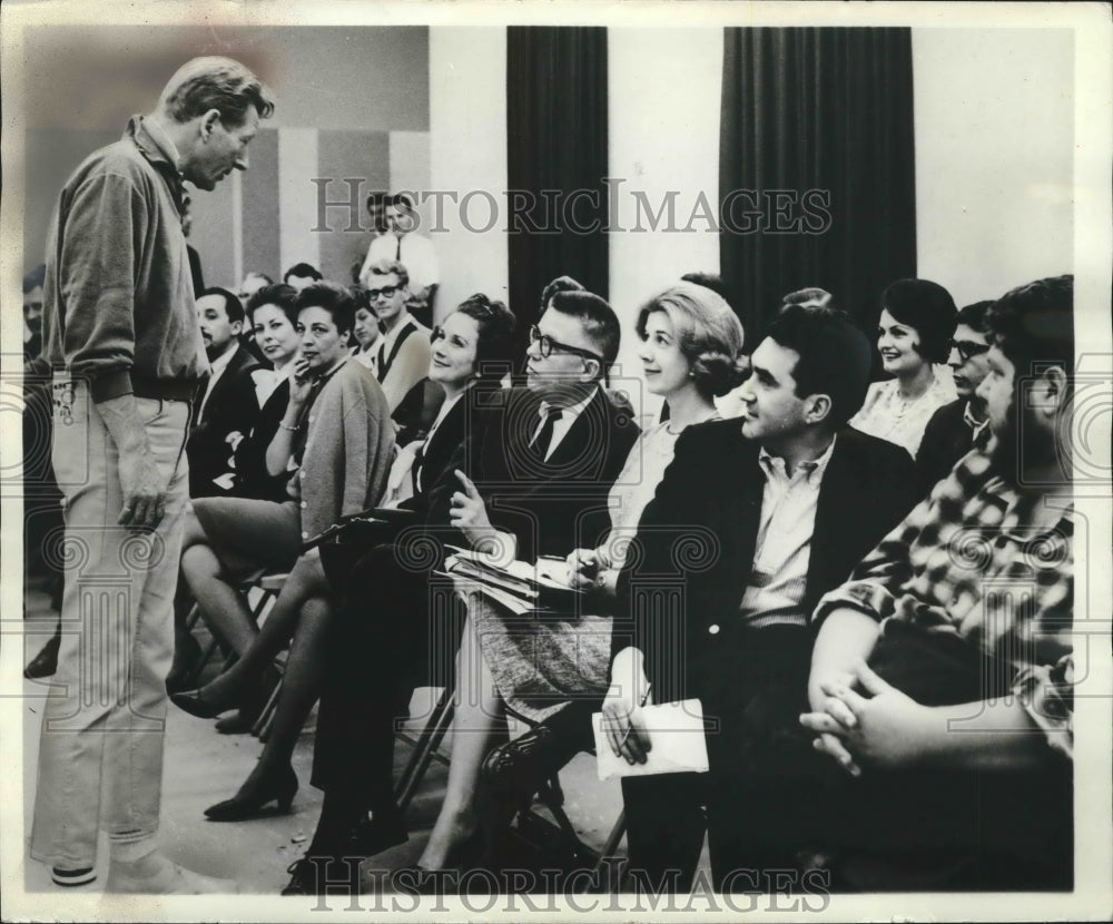 1964, Danny Kaye talked with production staff of his weekly TV show - Historic Images
