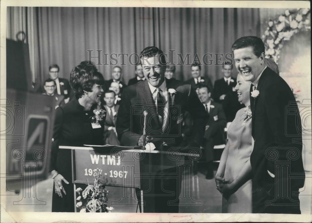 1967, Actor Dennis Morgan with WTMJ radio personnel, Milwaukee WI - Historic Images