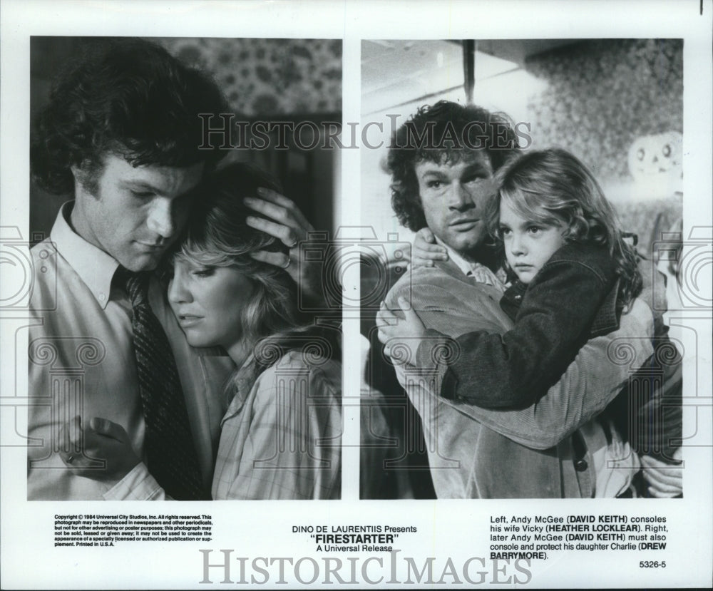 1984 Press Photo David Keith, Heather Locklear &amp; Drew Barrymore in &quot;Firestarter&quot; - Historic Images