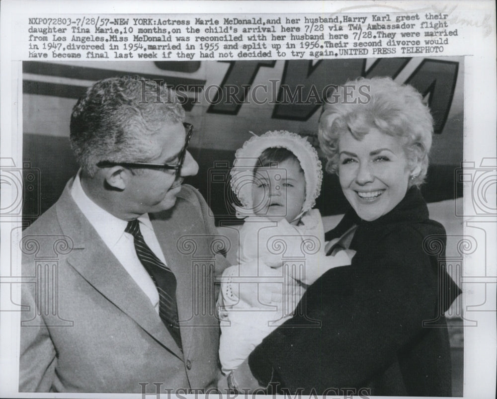 1957, Actress Marie McDonald With Husband And Daughter At Airport - Historic Images