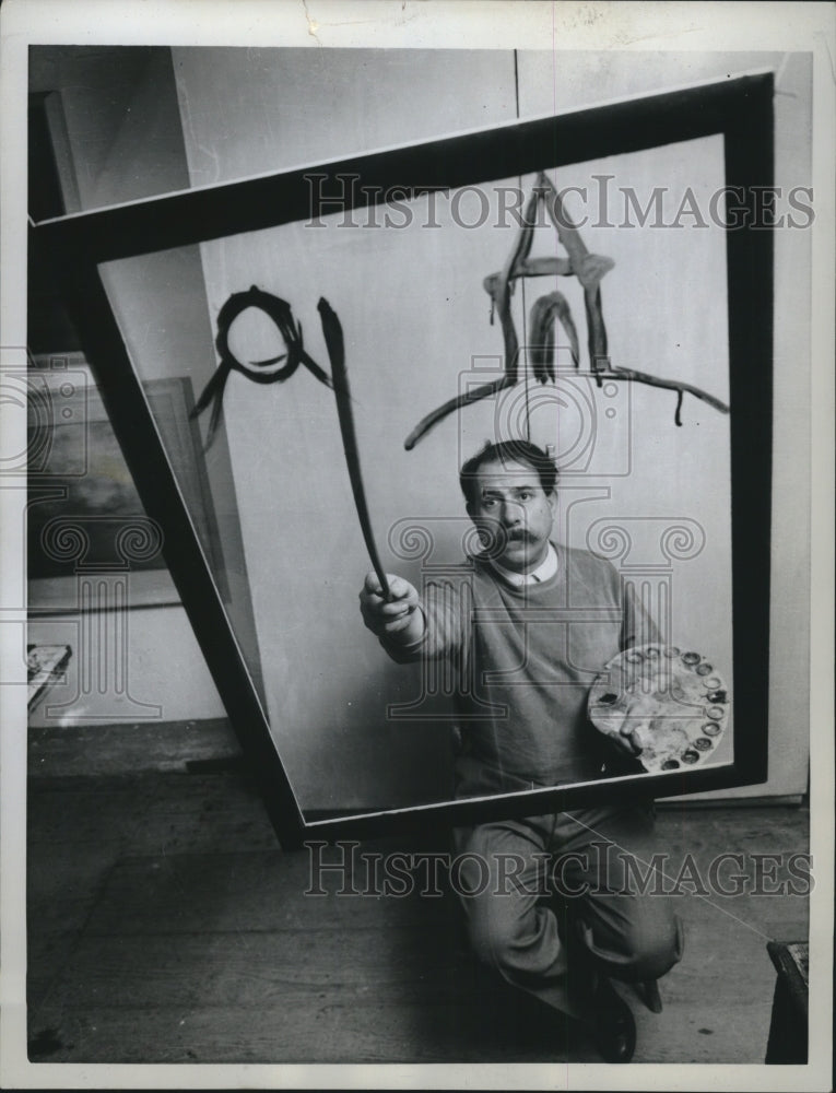 1958, Artist Assen Peikov painting glass in his studio in Rome - Historic Images