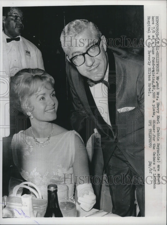 1961, Harry Karl & wife Deb Reynolds, fundraiser Beverly Hilton Hotel - Historic Images