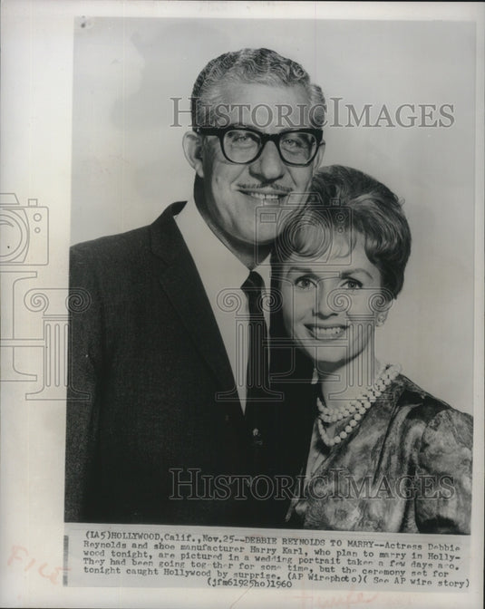 1960, Debbie Reynolds, Harry Karl in wedding portrait, California. - Historic Images